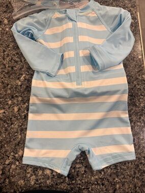 IZOD Blue & White Stripe 1-Piece Swimsuit w/ water shoes and waterproof sun hat